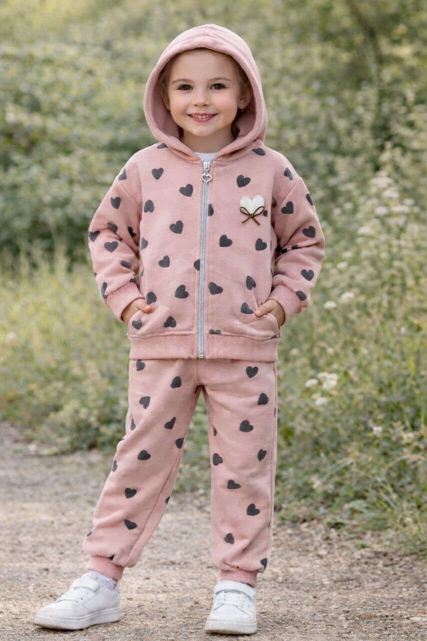 KIZ ÇOCUK KALPLİ KAPÜŞONLU EŞOFMAN TAKIMI