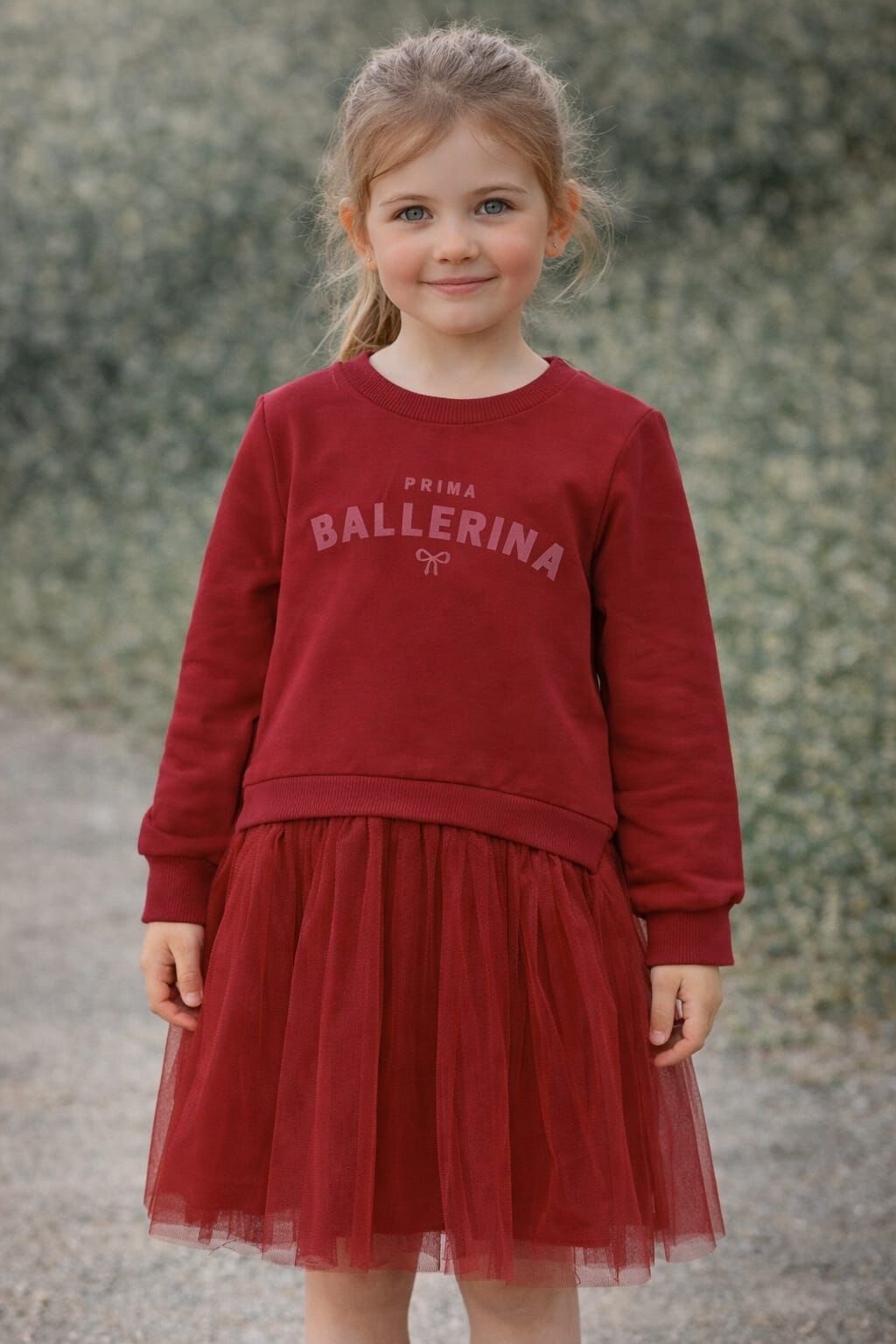 Kız Çocuk Bordo Tütü Elbise – Ballerina Baskılı, Uzun Kollu, Günlük & Özel Gün Elbisesi