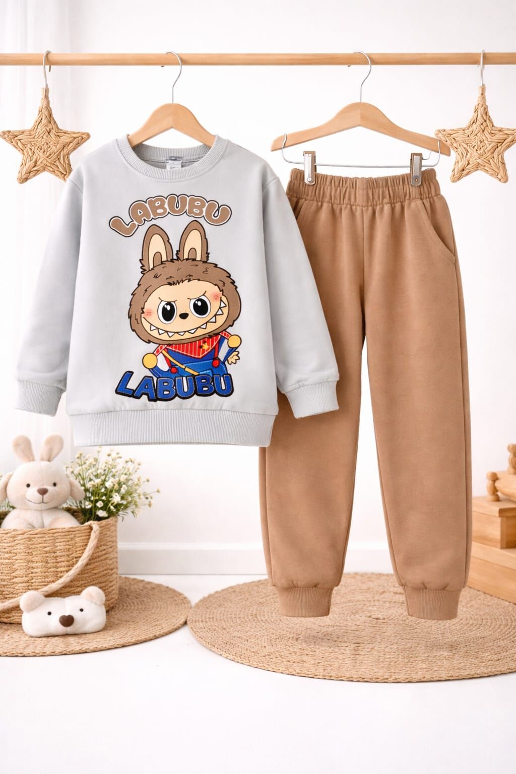 Gri – Camel LABUBU Erkek Çocuk Eşofman Takımı